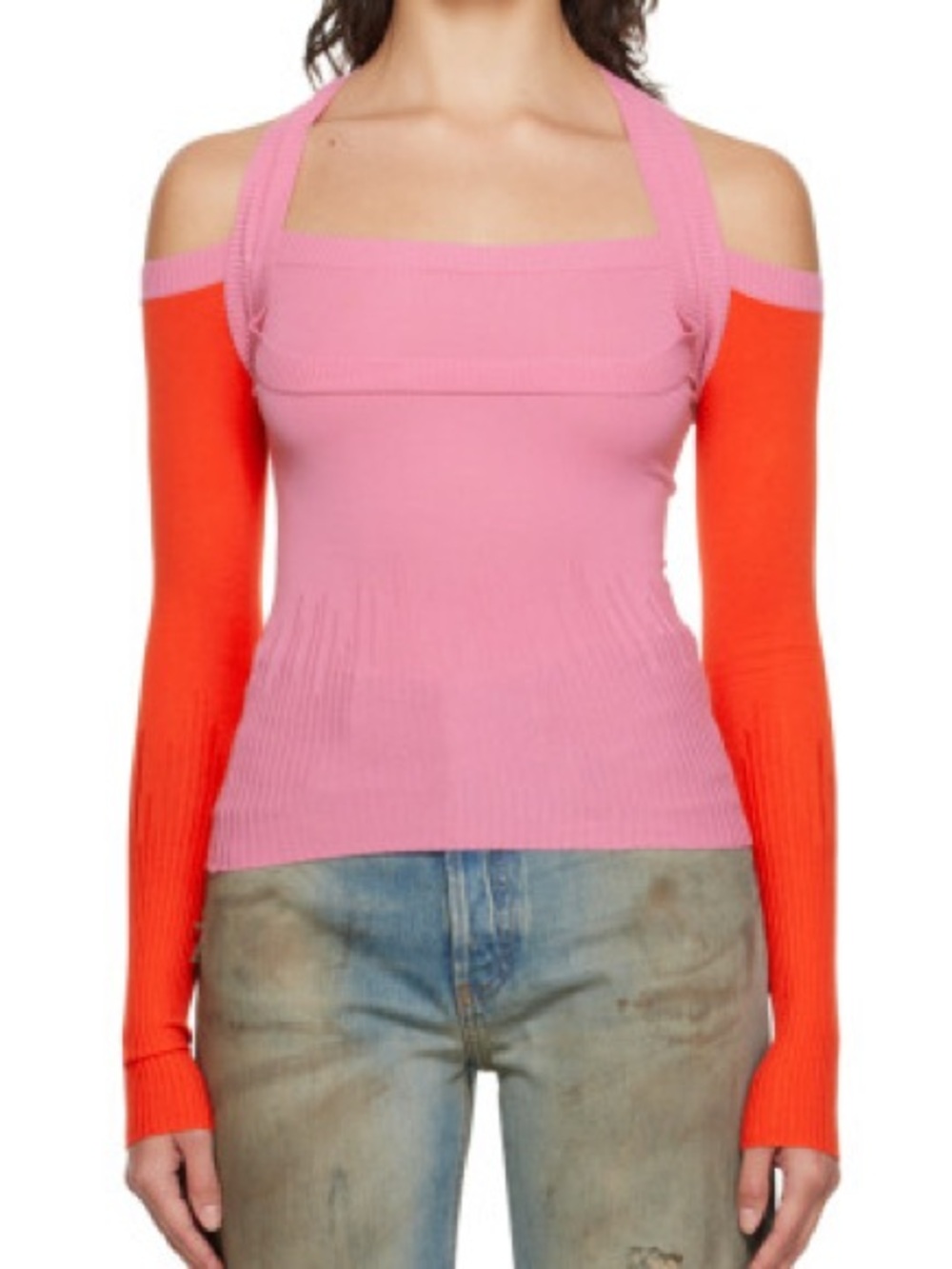 Gimaguas Pink Cold-Shoulder Long Sleeve Top with Orange Sleeves
